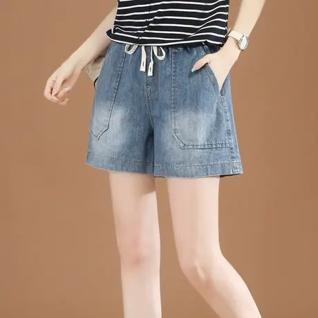 韩潮袭人松紧高腰显瘦阔腿牛仔短裤女2023夏新款宽松百搭直筒热裤商品大图