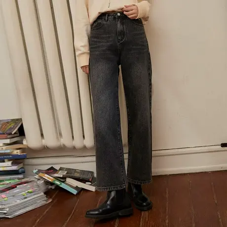 omont蛋挞家 复古水洗做旧高腰直筒牛仔裤女2023新款秋冬显瘦裤子图片