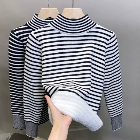 一体绒半高领毛衣女加绒打底衫2023秋冬新款条纹针织衫加厚上衣潮图片