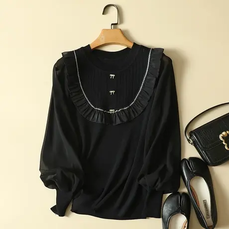 雪纺袖秋装2023年新款冰丝针织衫女长袖上衣修身洋气蕾丝打底衫女图片