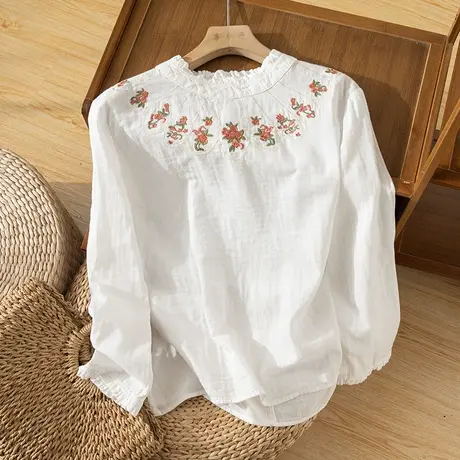 享永子【月季花开】刺绣全棉衬衫女文艺复古小众设计别致上衣T恤商品大图