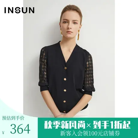 恩裳夏季时尚拼接袖网纱感舒适百搭凉感毛针织衫图片