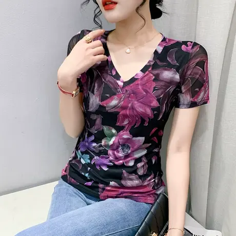 性感网纱女装时尚气质印花T恤短袖紧身V领洋气上衣漂亮减龄小衫夏商品大图