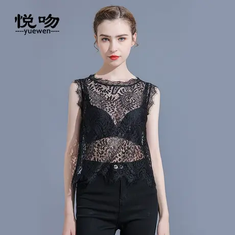 高端蕾丝透视背心女内搭夏薄款防走光小衫短款性感无袖打底衫上衣商品大图