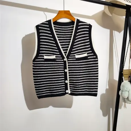 小香风针织马甲开衫女春秋新款宽松v领叠穿条纹无袖毛衣背心外套商品大图