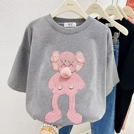 2022秋冬款韩国东大门重工镶钻毛球上衣磨毛加厚短袖T恤打底大码商品大图