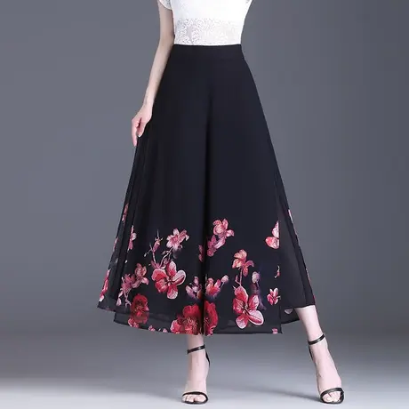 2023夏新款定位花雪纺裙裤女薄款高腰双层开叉阔腿裤宽松九分甩裤图片