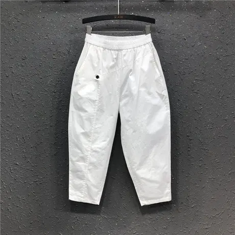 白色休闲八分松紧腰哈伦裤女春夏新款欧货宽松显瘦高腰老爹裤垮裤图片