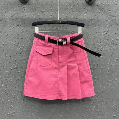 网红时尚火龙果色百搭a字牛仔短裙女夏新品高腰显瘦防走光半身裙图片