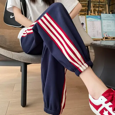 条纹运动裤女春秋2023年新款高腰宽松显瘦百搭九分ins潮束脚卫裤图片