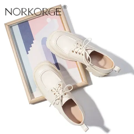 2023新款春复古温柔米白色系带小皮鞋女鞋真皮增高粗跟单鞋配裙子商品大图