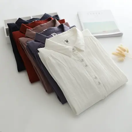 春秋季日系文艺简约双层纱纯棉亲肤长袖白衬衫女宽松百搭打底上衣图片