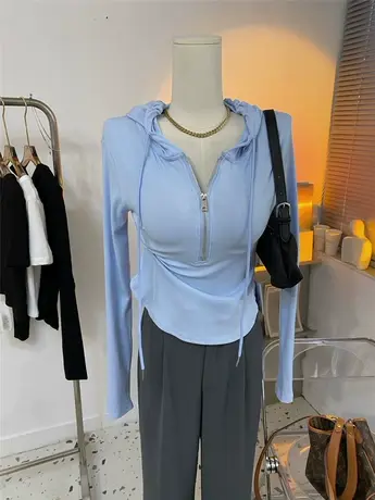 纯欲胸前拉链修身长袖连帽T恤女~春夏新款螺纹棉弹力打底衫帽衫图片