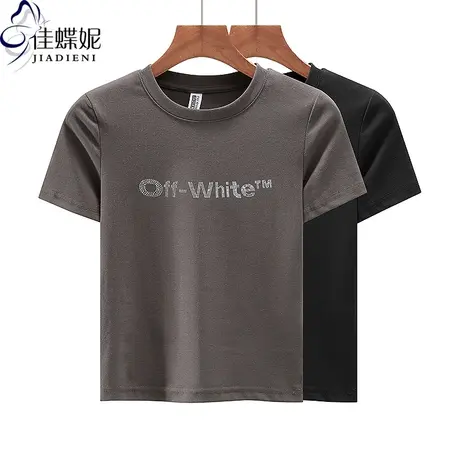 夏季新款圆领修身短款纯棉纯欲显瘦辣妹烫钻短袖体恤上衣女打底衫图片
