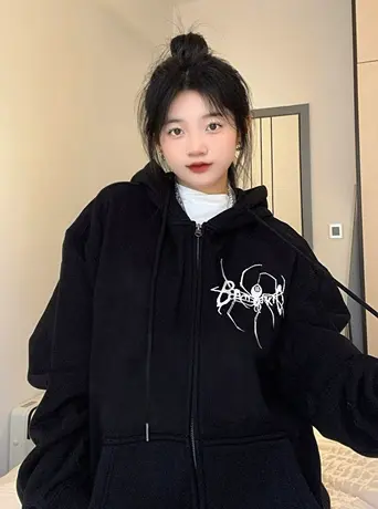 美式复古开衫卫衣外套女2023爆款春秋薄款慵懒风大码宽松连帽上衣商品大图