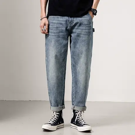时尚日系休闲哈伦裤男士时尚直筒牛仔裤复古百搭直筒裤水洗直脚商品大图