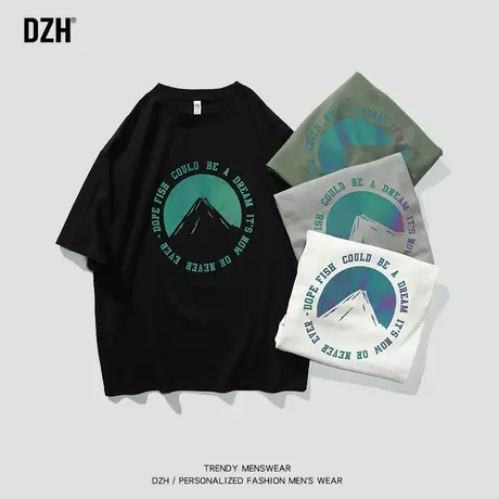 男士纯棉半袖男夏季宽松圆领t恤2023新款韩版潮流渐变印花短袖商品大图