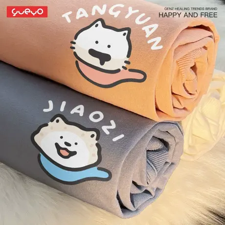 悦游 汤圆猫饺子狗 美食短袖纯棉潮流卡通ins日系情侣装t恤宽松商品大图