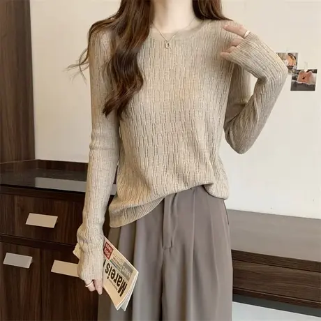 大码女装春秋新款打底衫内搭胖mm显瘦长袖遮肚正肩针织上衣200斤商品大图