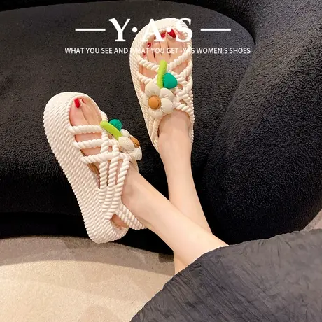 凉鞋女外穿2024年新款夏季网红仙女风松糕厚底可爱花朵沙滩罗马鞋图片