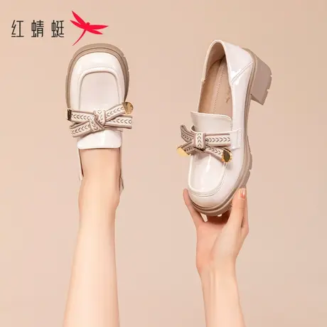 红蜻蜓乐福鞋女2023年春季新款蝴蝶结英伦小皮鞋厚底百搭粗跟单鞋商品大图