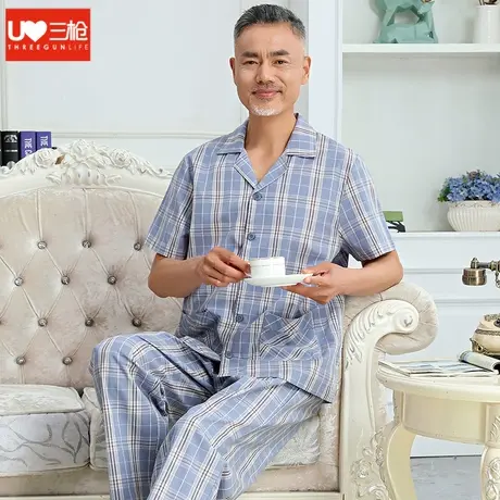 三枪睡衣男夏季薄款纯棉中老年家居服套装格子翻领前扣梭织居家服图片