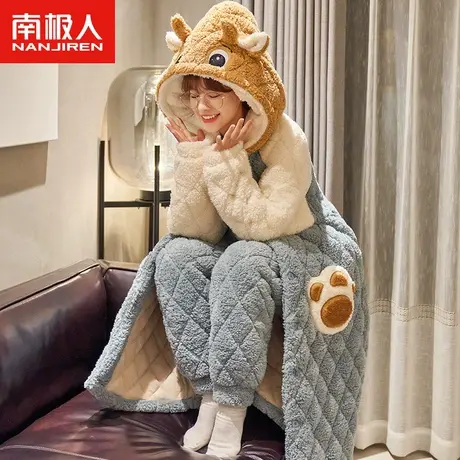 南极人珊瑚绒睡衣女冬加厚三层夹棉连帽卡通法兰绒秋冬睡袍家居服图片