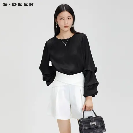 sdeer圣迪奥女装圆领荷叶边垂坠灯笼袖衬衫S231Z0509商品大图