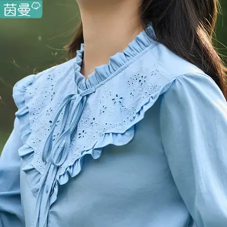 茵曼旗舰店2023春季女装新款时尚刺绣系带荷叶边立领修身衬衫衬衣商品大图