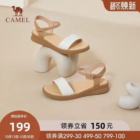 骆驼女鞋2023年夏季新款休闲真皮一字带凉鞋女露趾时尚厚底凉鞋女图片