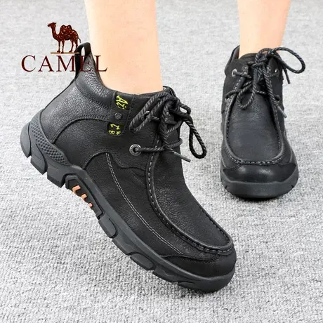 Camel/骆驼男鞋冬季款加绒加厚保暖棉高帮爸爸靴牛皮户外休闲靴子图片