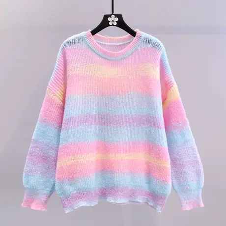 彩虹条纹镂空针织衫女2023年早秋新款宽松洋气设计感长袖外搭上衣图片