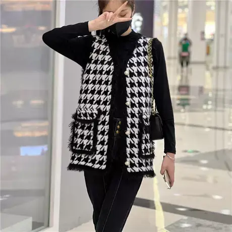 2023秋季新款网红小香风千鸟格马甲气质百搭洋气背心外搭针织马夹商品大图