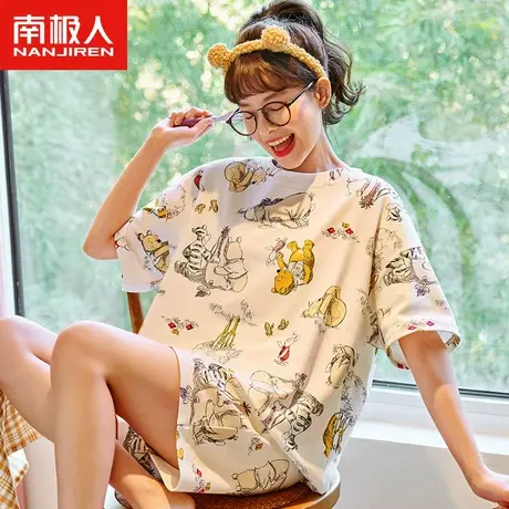南极人睡衣女夏季纯棉短袖短裤薄款小熊图案印花夏天家居服可外穿图片