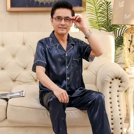 中老年睡衣男士夏季短袖大码薄款冰丝爸爸家居服套装可外穿图片