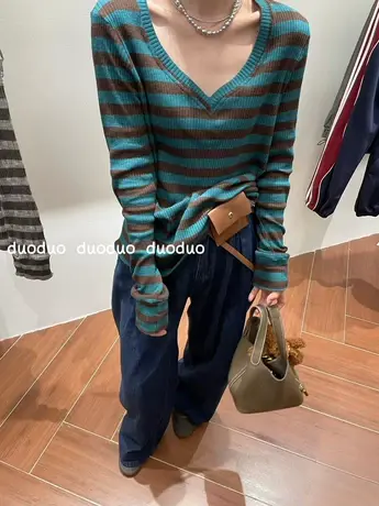 韩国秋装新款V领条纹拼色弹力显瘦长袖T恤女百搭打底衫上衣ins潮商品大图