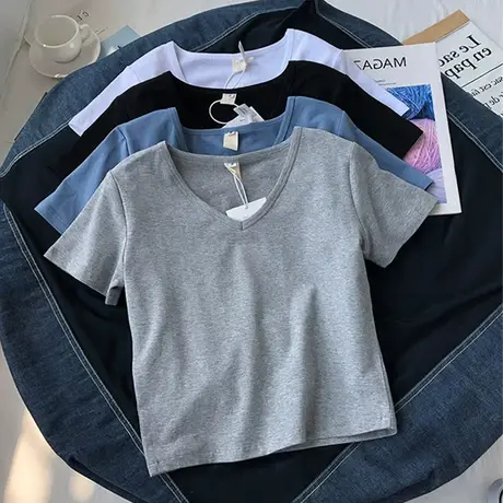 V领短袖正肩T恤女装夏季新款设计感甜辣妹露脐短款修身别致上衣潮商品大图