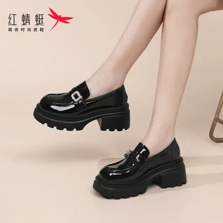 红蜻蜓女鞋新款漆皮高跟厚底增高小皮鞋乐福鞋女款真皮小个子夏季图片