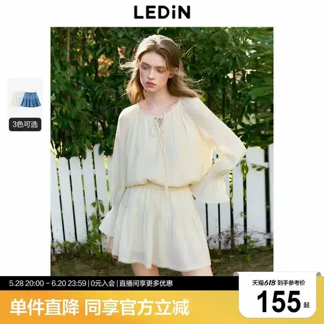 乐町双层抽褶蛋糕裙女秋季新款松紧腰设计甜美公主多色大裙摆伞裙图片