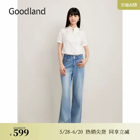 Goodland美地夏季法式镂空拼接刺绣风琴褶衬衫上衣商品大图