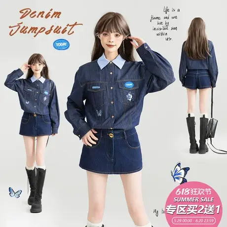 KEIKO [显身形]美式复古牛仔连体短裤女25春夏帅气绣花显瘦连身裤图片