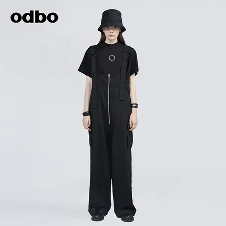 odbo/欧迪比欧原创设计工装风黑色背带连体裤女百搭显瘦阔腿裤子图片
