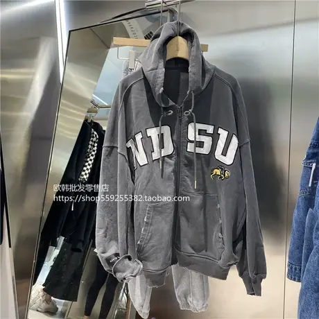 欧货卫衣女春秋薄款港风重工碳灰色卡通字母宽松长袖开衫外套上衣商品大图