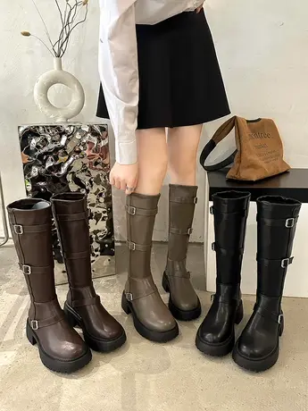 棕色厚底骑士靴女2023年秋冬新款复古风圆头搭扣高筒不过膝长筒靴图片