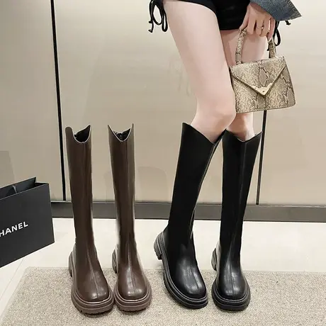 长筒靴女2023春秋季新款法式百搭英伦风瘦瘦靴粗跟厚底v口骑士靴图片