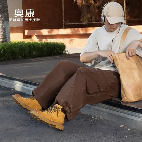 奥康男鞋秋季新款潮流户外工装靴男高帮真皮复古厚底休闲短靴商品大图