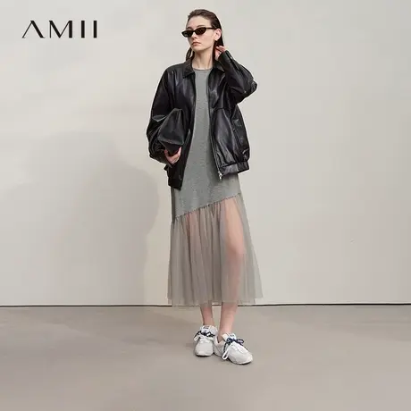 Amii2025秋新款极简纯色圆领套头长款宽松弹力拼网纱裙摆连衣裙图片