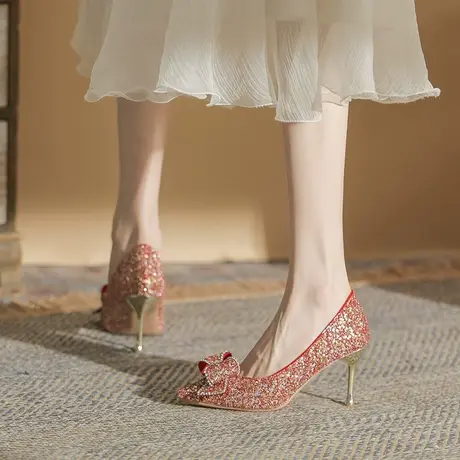 水晶婚鞋女2023新款亮片新娘鞋红色高跟鞋细跟伴娘蝴蝶结法式单鞋商品大图