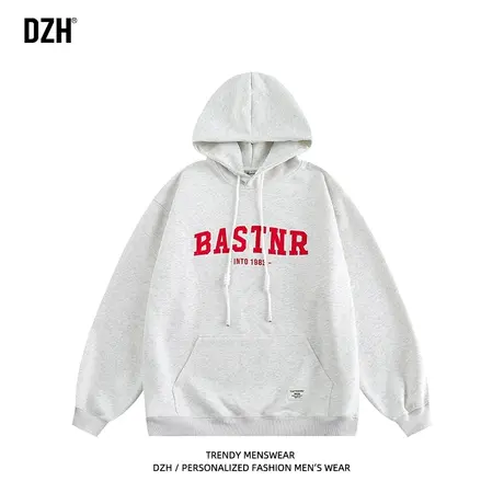 男士白色卫衣男连帽春秋款刺绣上衣宽松男装2023新款休闲帽衫外套商品大图