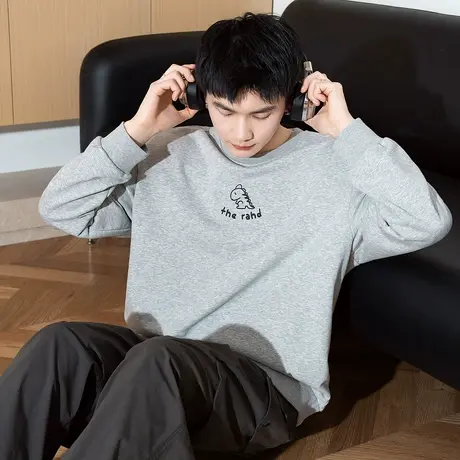 Radiohead春秋新款卫衣男麻灰色小恐龙印花上衣宽松休闲百搭TE图片